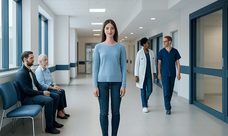 Young woman smiling in hospital corridor with medical staff and patients.