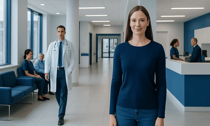 Happy woman in hospital lobby with medical staff in background.
