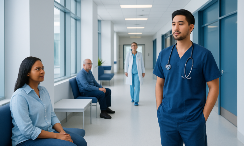 Healthcare professionals and patients in a hospital corridor.