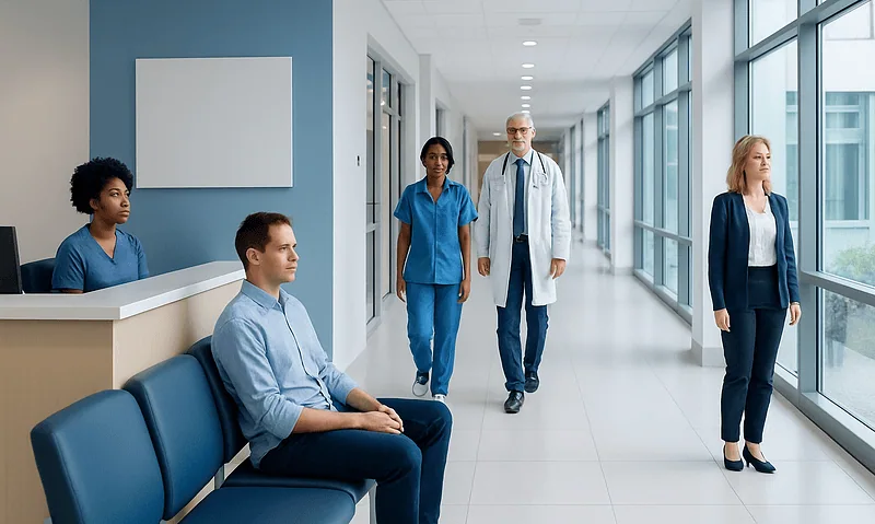 Hospital corridor with medical staff and patients in a modern healthcare facility.