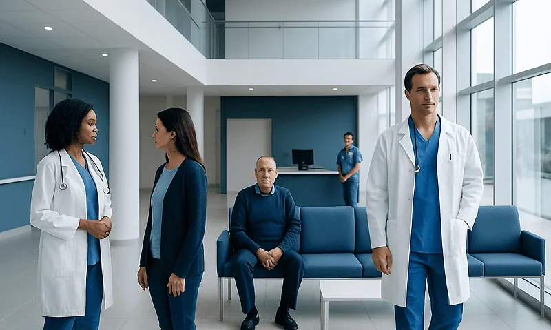 Medical team consulting in hospital lobby with patient.