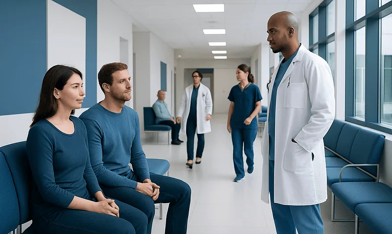 How Long Does It Take to Get Pregnant? Causes, Explanations, and Next Steps 5 Doctor consulting with patients in a hospital corridor.