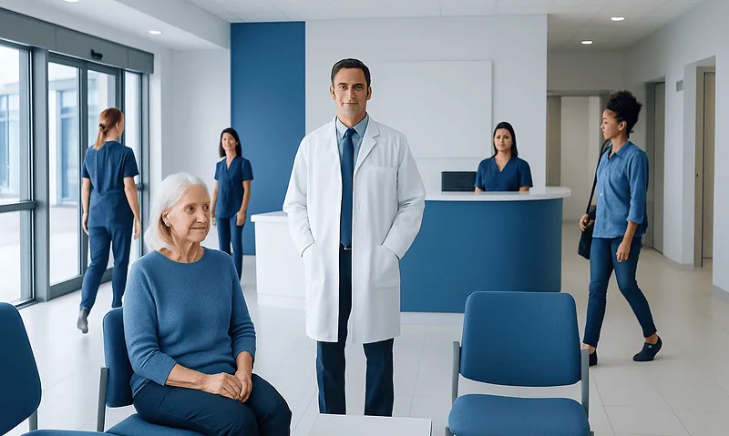 Normal Vitamin B12 by Age: Charts, Ranges, and What Your Numbers Mean 6 Healthcare professionals and a patient in a modern hospital lobby.