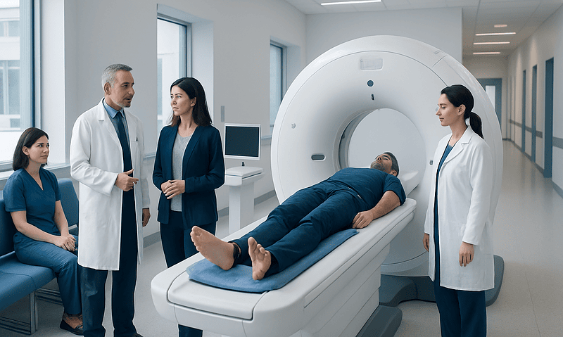 Patient undergoing a nuclear medicine scan in a modern hospital setting.