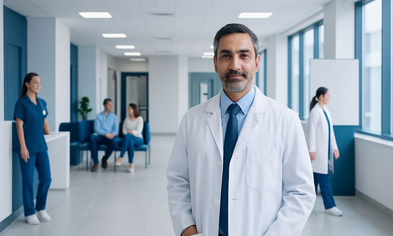 Doctor in hospital corridor with medical staff in background.