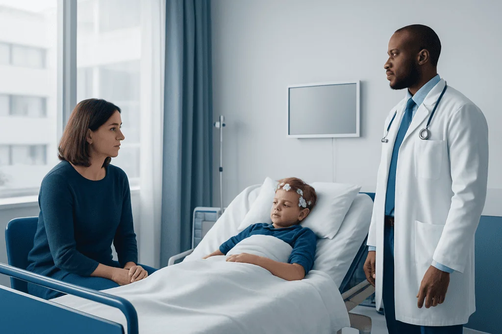 Pediatric Sleep Study: What It Shows and How to Prepare Your Child 1 Doctor discussing child's sleep health with mother in hospital room.