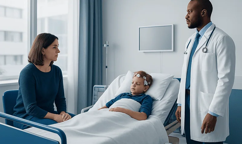 Doctor discussing child's sleep health with mother in hospital room.