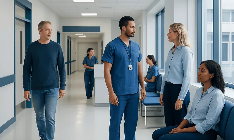 Healthcare professionals and patients in a hospital corridor.