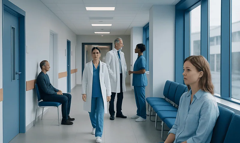 Hospital corridor with medical staff and patients waiting and talking.