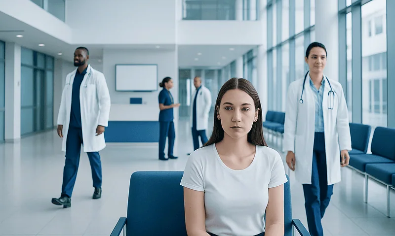 Young woman waiting in a hospital lobby with medical staff in the background.