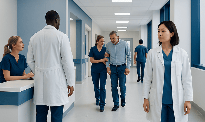 Hospital corridor with medical staff and patients in a modern healthcare facility.