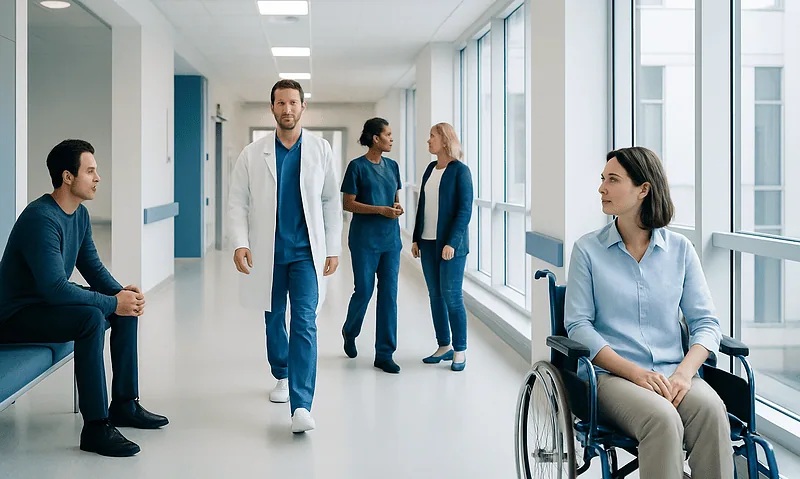 Medical team and patient in hospital corridor with large windows.