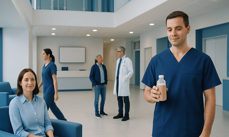 Healthcare professionals and patient in a modern hospital lobby.