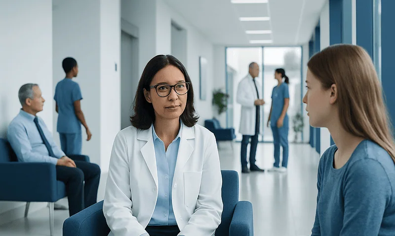 Psychologist consulting with a patient in a modern hospital waiting area.
