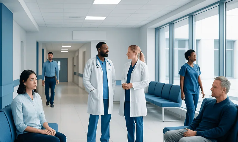 Health Library 5 Medical professionals and patients in a hospital corridor.