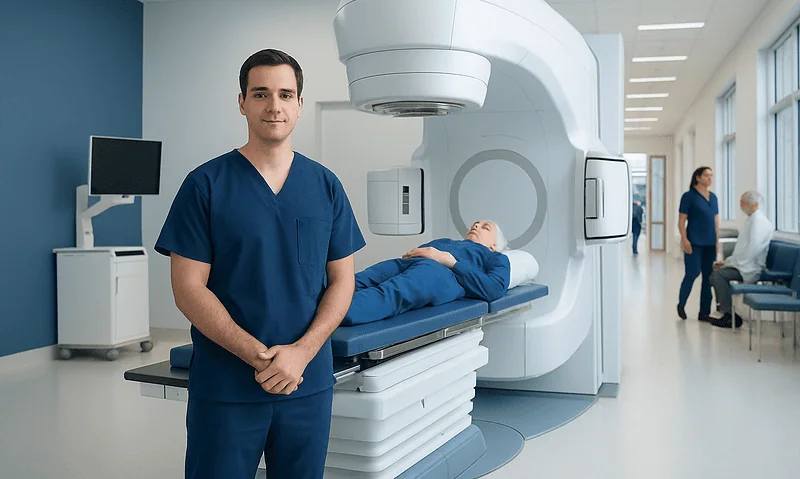 Radiation therapist preparing MRI scan in a modern hospital setting.