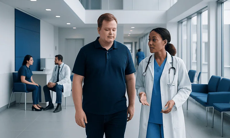 Patient talking to a doctor in a modern hospital corridor.