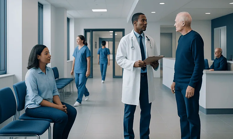 Doctor consulting with patient in hospital corridor.