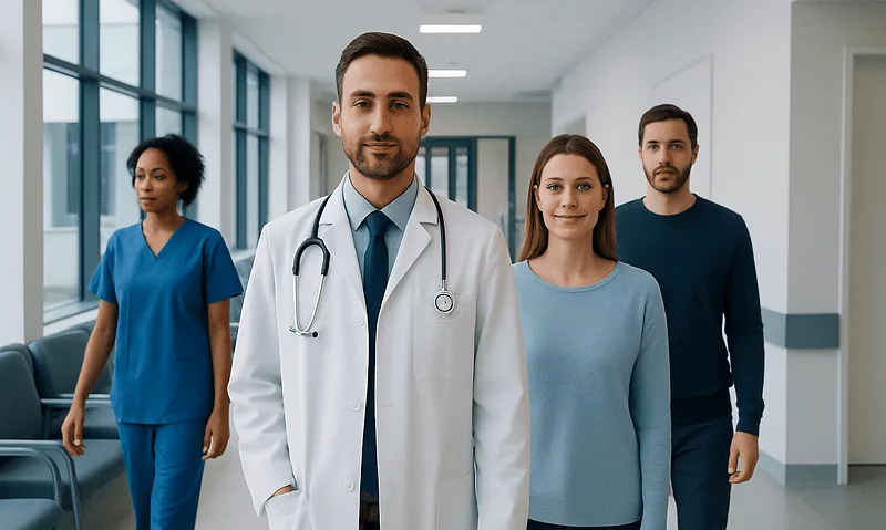 Medical team walking in hospital corridor with doctor and staff.