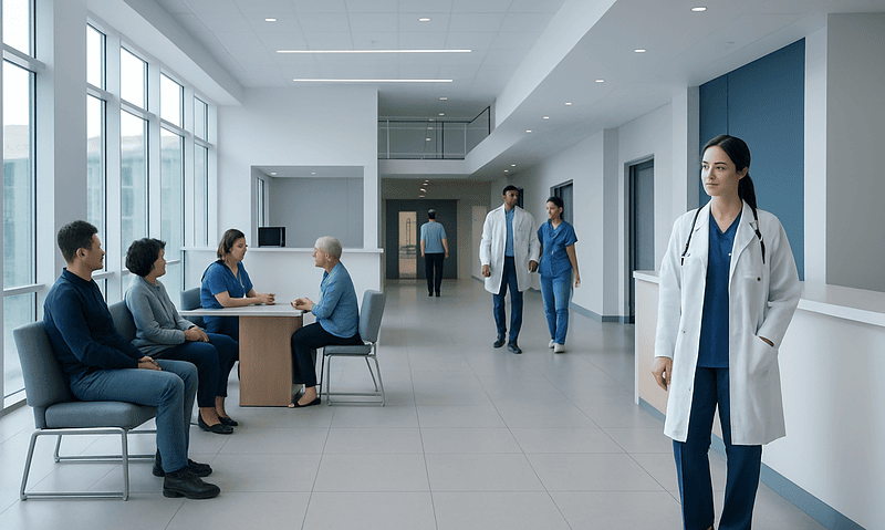 Hospital waiting area with patients and medical staff at Acibadem Hospitals Group.