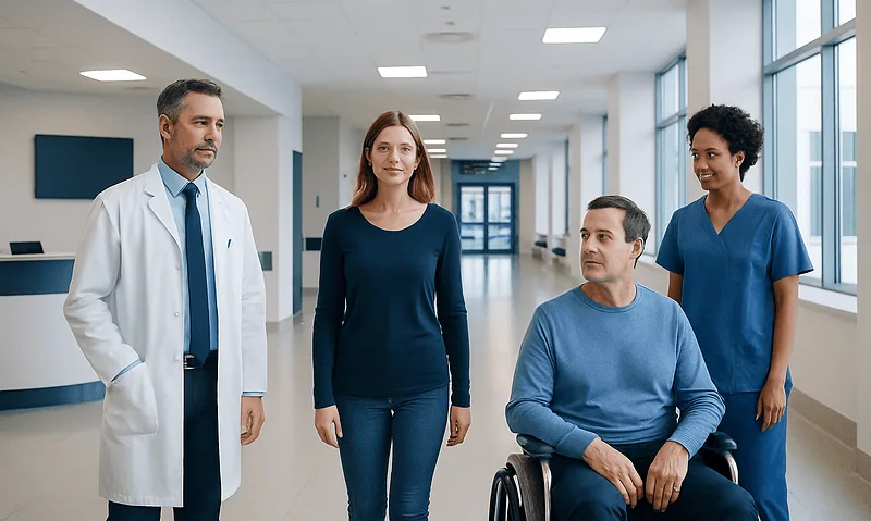 Medical team with patient in hospital corridor at Acibadem Hospitals Group.