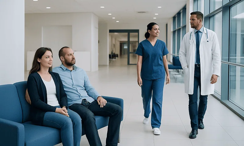 Medical consultation in a modern hospital corridor with patients and healthcare professionals.