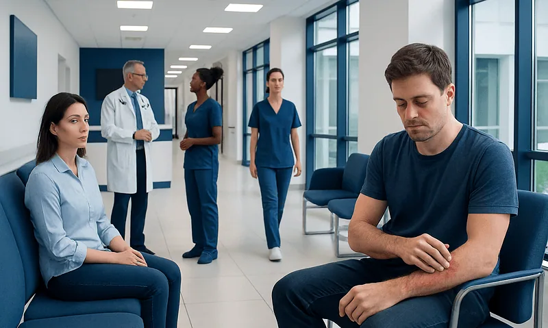 Stinging Nettle Rash: Common Causes, Related Conditions, and When to See a Doctor 9 Patient waiting in a hospital corridor with medical staff nearby.