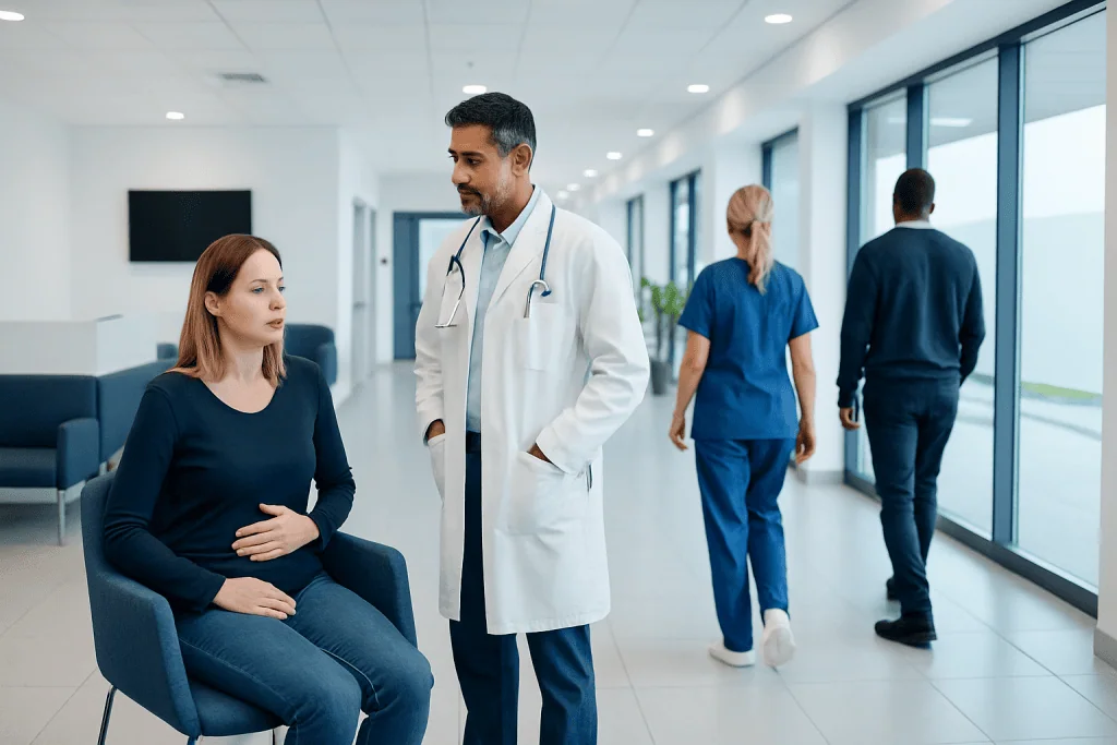 Stomach Infection: Symptoms, Causes, and Treatment Options 1 Doctor consulting a patient in a modern hospital corridor.