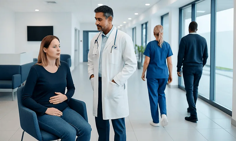 Doctor consulting a patient in a modern hospital corridor.