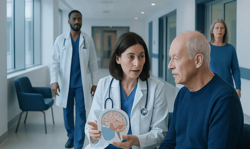 Doctor explaining stroke effects to elderly patient in hospital corridor.