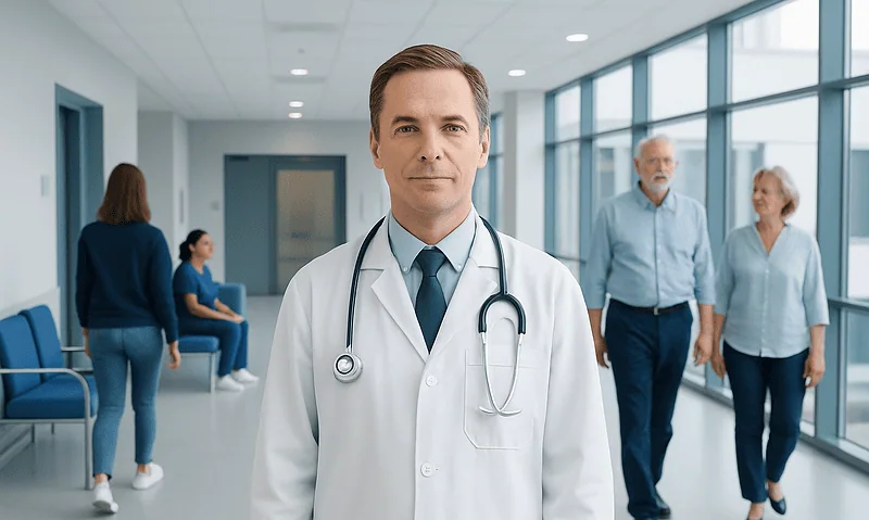Experienced doctor in hospital corridor with patients and staff in background.