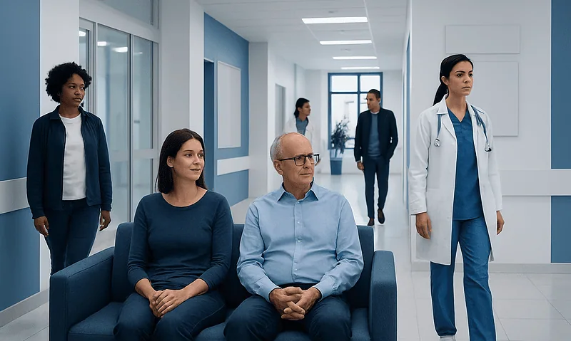 Medical consultation in a hospital corridor with patients and healthcare professionals.