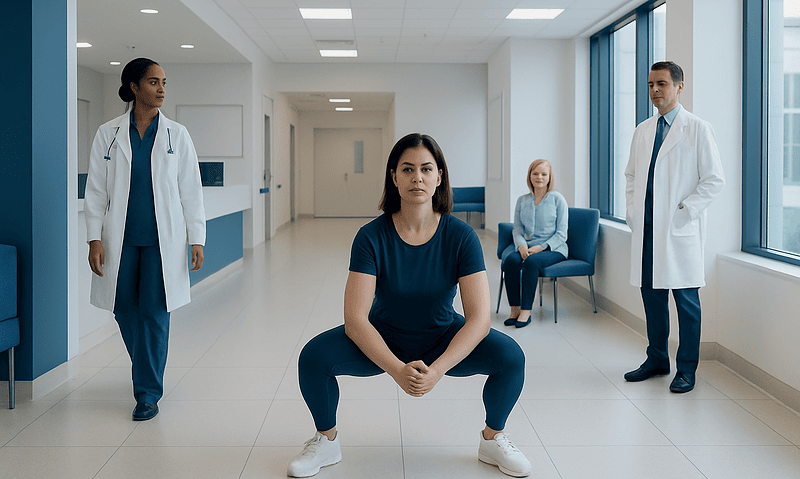 Patient performing squat exercise in hospital corridor with medical staff present.