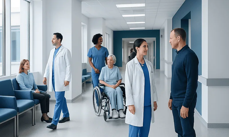 Hospital staff and patients in a modern healthcare facility corridor.