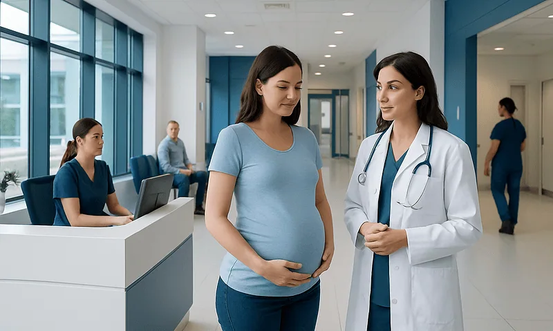 Pregnant woman consulting with a doctor in a hospital corridor.