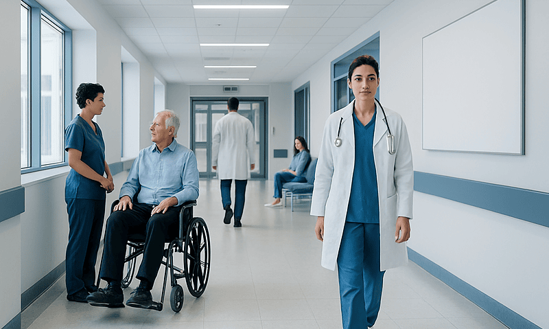 Healthcare professionals and a patient in a modern hospital corridor.