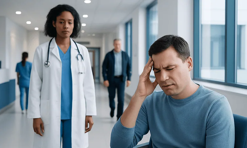 Patient with headache in hospital corridor with medical staff nearby.