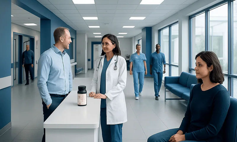 Medical consultation in a modern hospital corridor with healthcare professionals and patient.