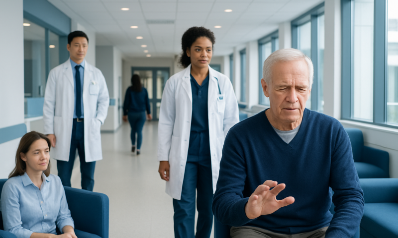 Senior man experiencing tremor in a hospital setting with medical staff nearby.