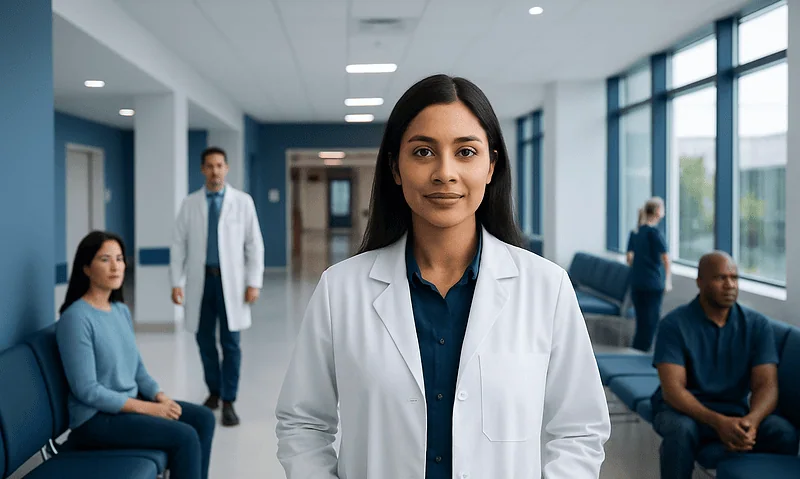 Female doctor in a hospital corridor with patients in the background.