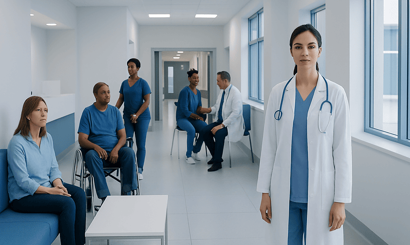 Medical team in hospital corridor with doctor and patients.