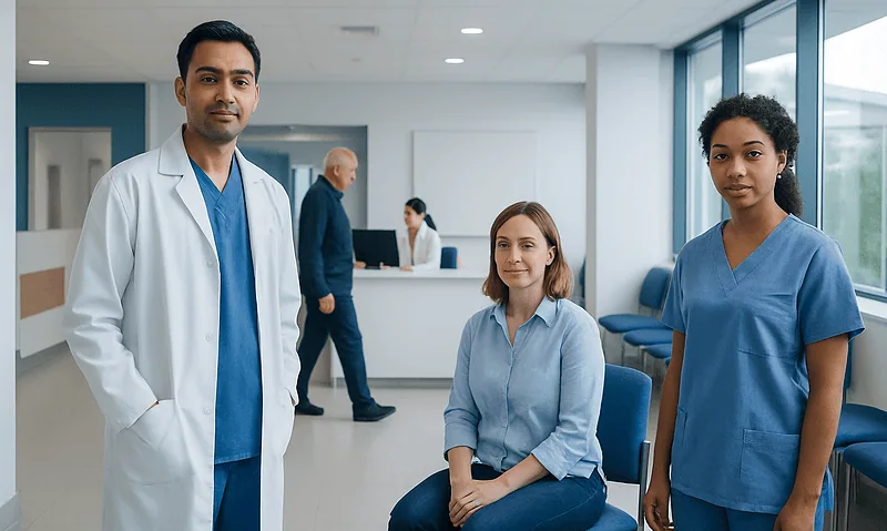 Healthcare professionals in a hospital waiting area with patients and staff.