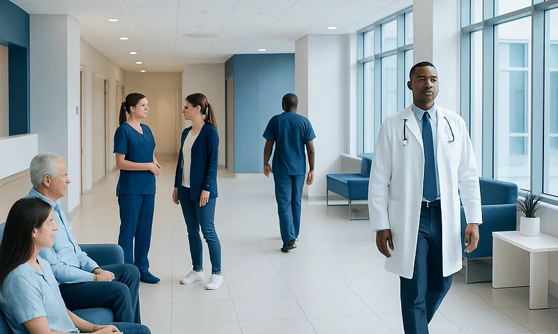 Healthcare professionals and patients in a modern hospital corridor.