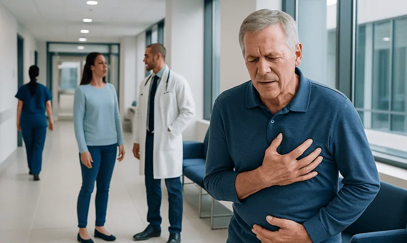 Elderly man experiencing chest pain in hospital corridor.