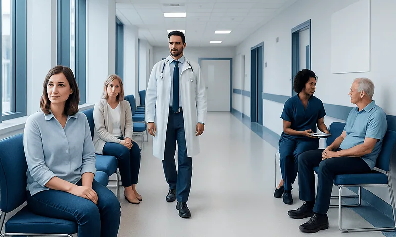 Medical staff and patients in a hospital corridor.
