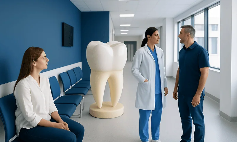 Dental consultation with a large tooth model in a modern clinic.