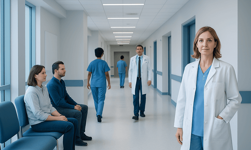 Medical professionals and patients in a hospital corridor at Acibadem Hospitals Group.