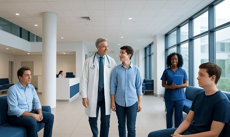 Doctor and patients in a hospital waiting area at Acibadem Hospitals Group.