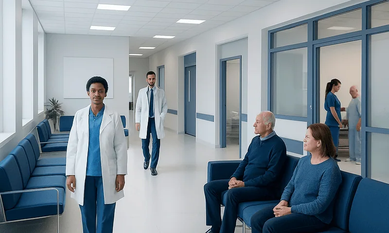 Diverse medical staff and patients in a modern hospital waiting area.