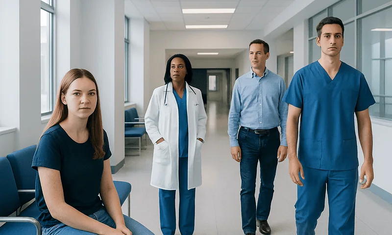 Medical team in hospital corridor with patients and staff.